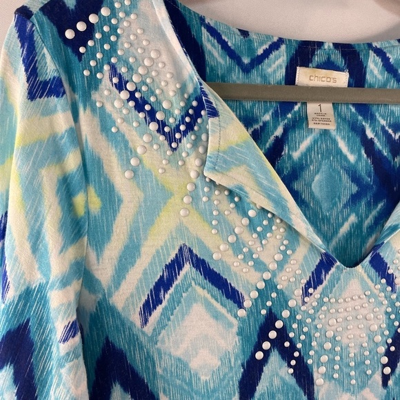 Chicos blue and green patter tunic top. With neckline embellishments,  size 1 - Picture 4 of 4